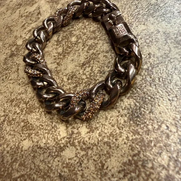 Vintage Givenchy 4G Cuban Link Bracelet Chunky Crystal Gunmetal Chain Unisex - Picture 5 of 13
